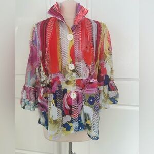 DAMEE size XL Bright Floral Mesh Jacket wired collar 3/4 Bell Sleeve